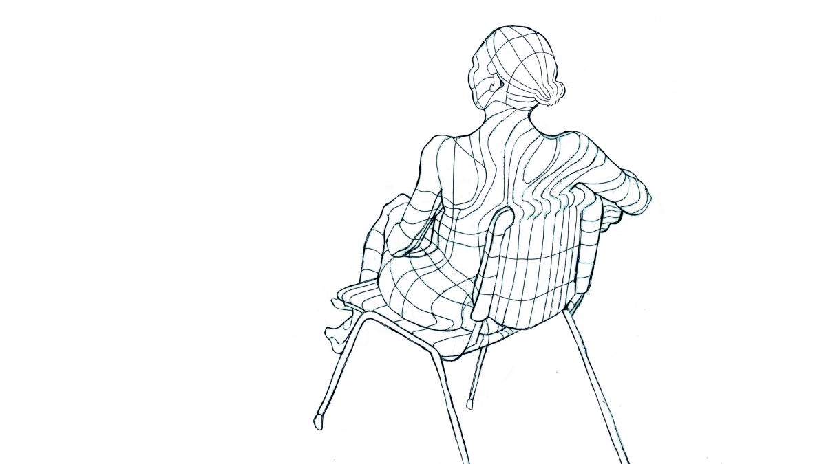 Linear drawing of model sat on chair