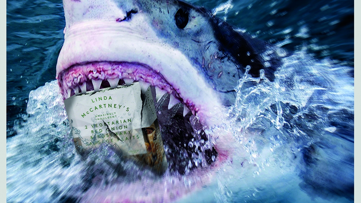 Meat Lovers Love It by Florentino Monteiro and Shrishti Sundaresh Shark breaks through the surface of the water with a box of Linda McCartney's sausages in it's mouth.