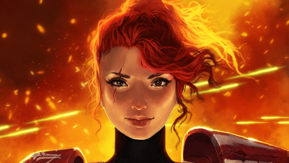 Digital female character with red hair and scar across eye and fire in backrgound.