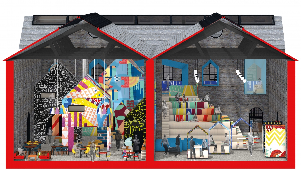 Digital mock-up interior space with bright coloured illustrated walls.