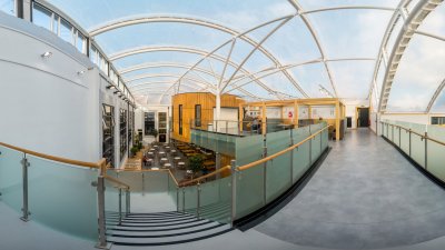 A 360 degree image of the upstairs glass roofed cafe at Falmouth campus.