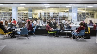 Students sat on low chairs working in front of large window looking through to the library on Penryn campus.