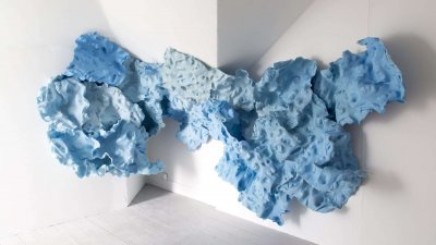 Falmouth University Fine Art installation of blue abstract sculpture