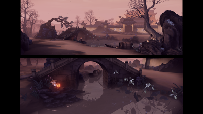 Split screen of atmospheric Eastern scene, man fishing, oriental building in background.