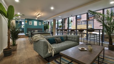 Interior with grey sofa and coffee table