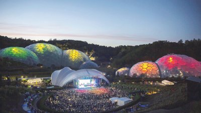 Aerial view of the Eden Project's domes lit up during an Eden Session's event.  