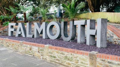 Large concrete letters spelling Falmouth.