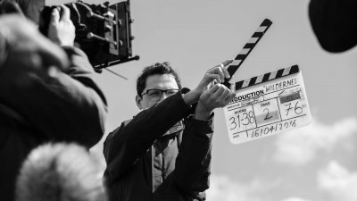Falmouth University Film student using a clapperboard