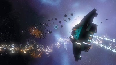 Game art of a spaceship going thought space