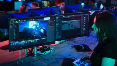 Student in Falmouth University's games academy working on digital illustrations