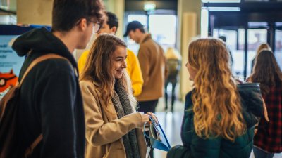 Students chatting at freshers fair