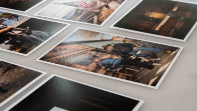 Spread of colour photos with American people and flag