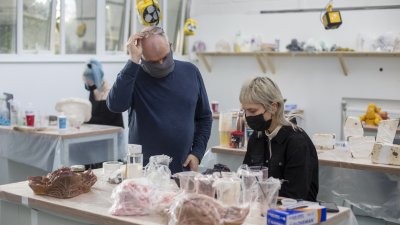 Prosthetic Effects student and lecturer in the studio