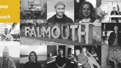 Falmouth sign with black and white student images around it.