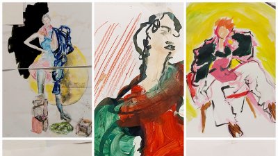 Collage of 5 drawings of a figure