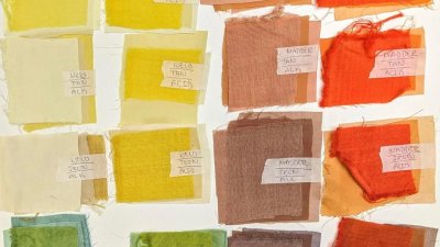 Photo of 16 colourful natural dye samples 