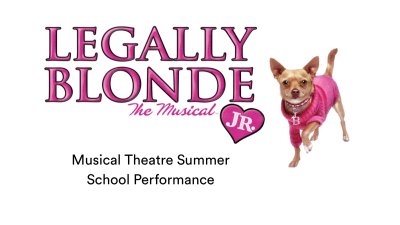 The Legally Blonde the Musical Logo with a small dog and text reading "Musical Theatre Summer School Performance"