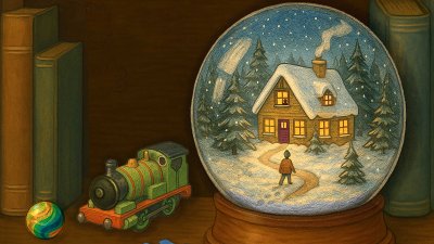 An illustrative image of a snow globe on a table with other toys and books around it