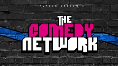 The Comedy Network logo on a background of black bricks with a blue zigzag going through the middle