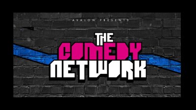 The Comedy Network logo on a background of black bricks with a blue zigzag going through the middle