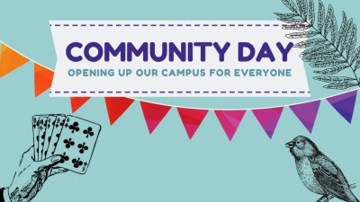 Illustrated poster for Community Day event at Falmouth University