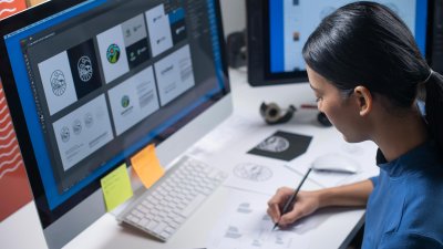 A woman drawing logos at a desktop computer