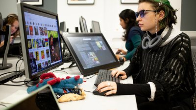 Falmouth University Animation student working at a computer