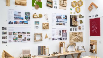 Exhibition wall of models and plans by Architecture students