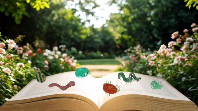 An open book with the garner in the background and illustrative images of bugs dancing on the book
