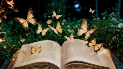 An open book in a nighttime garden with illuminated butterflies flying off of the pages
