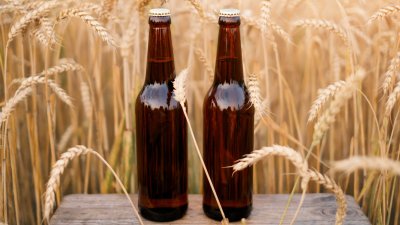 Two brown bottles on a table set against a wheat field backdrop