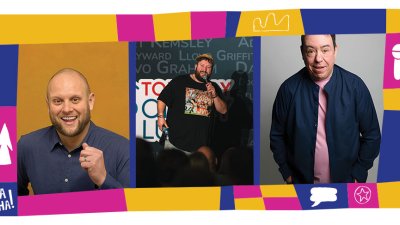 3 comedian headshots in a line inside a colourful illustrated template with different shapes and icons