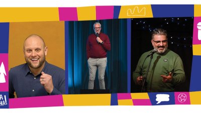 3 comedian headshots in a line inside a colourful illustrated template with different shapes and icons