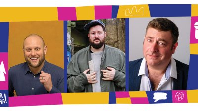 3 comedian headshots in a line inside a colourful illustrated template with different shapes and icons
