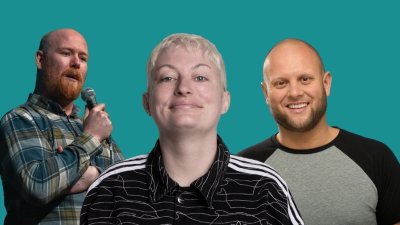A photo montage of 3 comedians headshots against a sea green backdrop