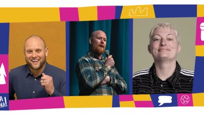 3 comedian headshots in a line inside a colourful illustrated template with different shapes and icons