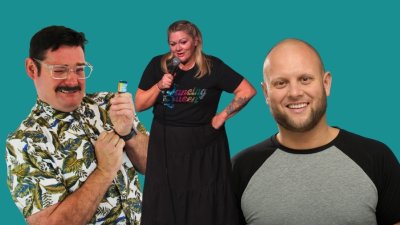 A photo montage of 3 comedians headshots against a sea green backdrop