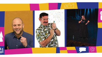 3 comedian headshots in a line inside a colourful illustrated template with different shapes and icons