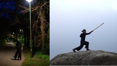 Two images side by side of two dancers. One on a dark footpath looking up at a light and one on top of a hill during the daytime