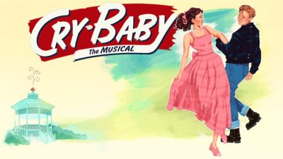 An illustrative image of two people dancing with a bandstand in the background in the style of a 1950s poster design