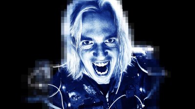 A headshot of performer John Robertson with a blue tint across the screen against a black backdrop
