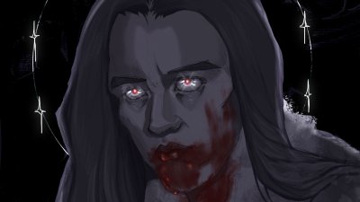 An illustrative image of a person against a dark background with red blood around their face