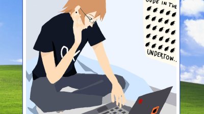 An illustrative picture of a person sat on the floor with a laptop computer in front of them