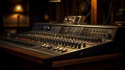 A recording studio mixing desk in dim lighting