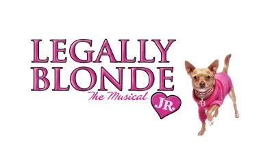 The text 'Legally Blonde The Musical Jnr.' in pink text with a small dog in a pink jumper next to it
