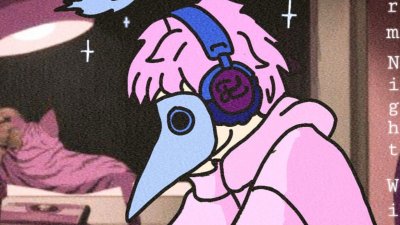 An illustrative image of a bird dressed in pink clothing with headphones on
