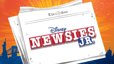 An illustration of a newspaper against the sunlight skyline of New York City and the text 'Disney Newsies Jr'