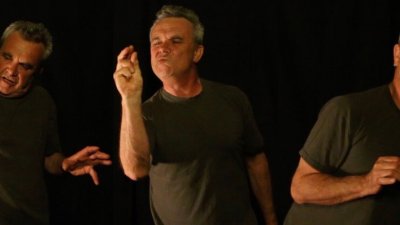 A photo montage of the actor Paul Morel posing in 3 different positions for the show King Lear