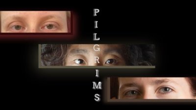 3 letter box style images of peoples eyes with the text 'Pilgrims' overlayed in the centre