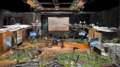 A photo montage of audio equipment and other buildings and objects around it
